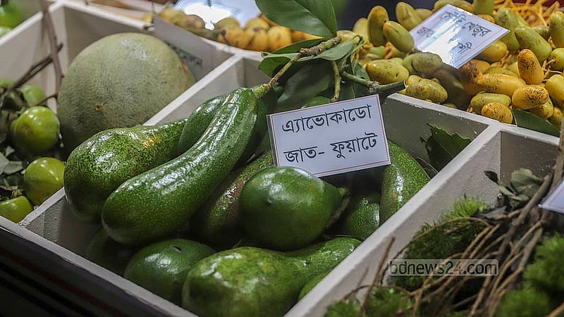 ঢাকার কৃষিবিদ ইনস্টিটিউশনে জাতীয় ফল মেলার একটি স্টলে সাজিয়ে রাখা হয়েছে বিভিন্ন রকমের ফল