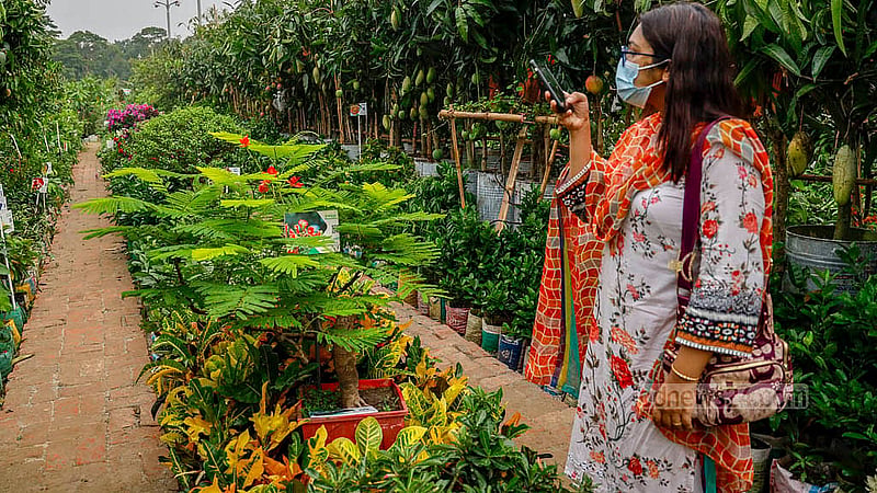 ঢাকার শেরে বাংলা নগরে রোববার জাতীয় বৃক্ষ মেলায় ঘুরতে আসা অনেকেই মোবাইল ফোনে বাহারি গাছের