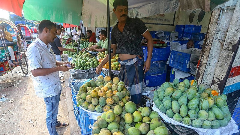 রাজধানীর বাদামতলী ফলের আড়তে বিভিন্ন জাতের আমের পসরা সাজিয়ে বসেছেন বিক্রেতারা। জাত ও আকারভেদে দামেও ভিন্নতা রয়েছে