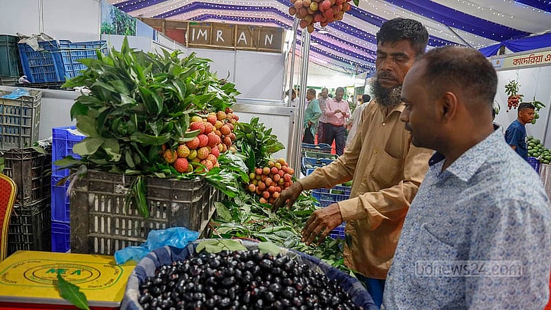 ঢাকার খামারবাড়িতে ফল প্রদর্শনীতে নানা ধরনের ফল নিয়ে হাজির হয়েছেন বিভিন্ন এলাকার চাষি ও কৃষক