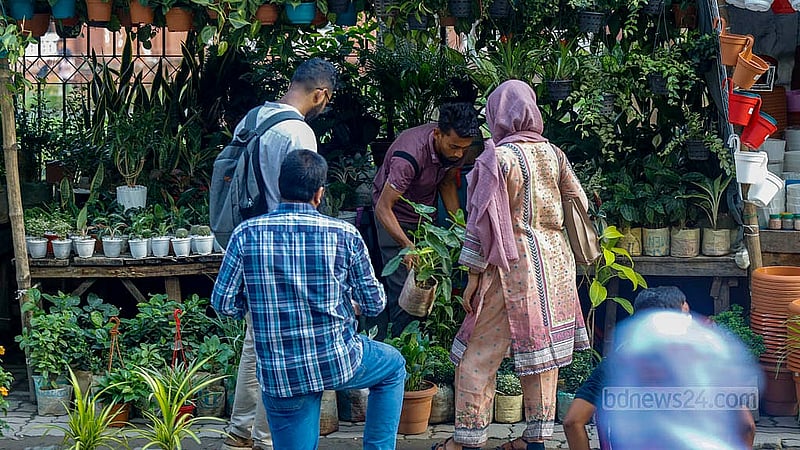 ঢাকা বিশ্ববিদ্যালয়ের কার্জন হলের দেয়াল ঘেঁষা ফুটপাতে ফুল ও ফল গাছের দোকানে ক্রেতাদের ভিড়