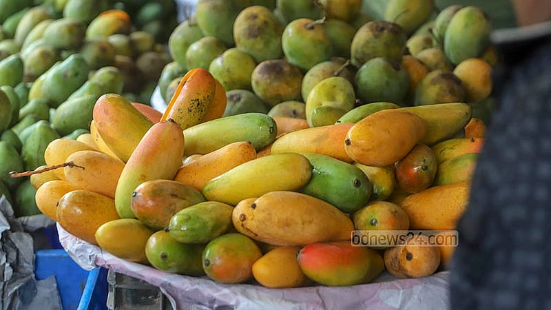 রাজধানীর বাদামতলী ফলের আড়তের সামনে আম নিয়ে বসেছেন এক দোকানি; প্রতি কেজি দাম হাঁকছেন ১০০টাকায়