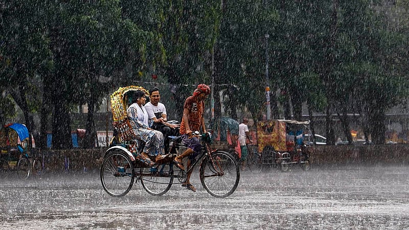 ঢাকা বিশ্ববিদ্যালয়ে এলাকায় বৃহস্পতিবার দুপুরে রিকশার হুড উঠিয়ে বৃষ্টিতে দুজন ভিজছেন আপন মনে