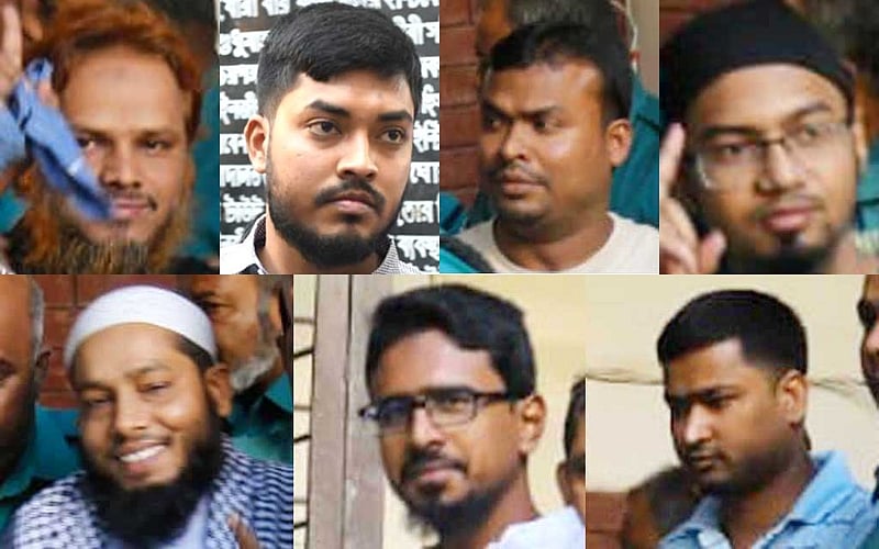 দণ্ডিতরা- উপরে বাঁ থেকে ঘড়ির কাঁটার দিকে- জাহাঙ্গীর হোসেন রাজীব গান্ধী, আসলাম হোসেন র‌্যাশ, হাদিসুর রহমান, রাকিবুল হাসান রিগ্যান, মামুনুর রশিদ রিপন, শরিফুল ইসলাম খালেদ ও আব্দুস সবুর খান সোহেল মাহফুজ