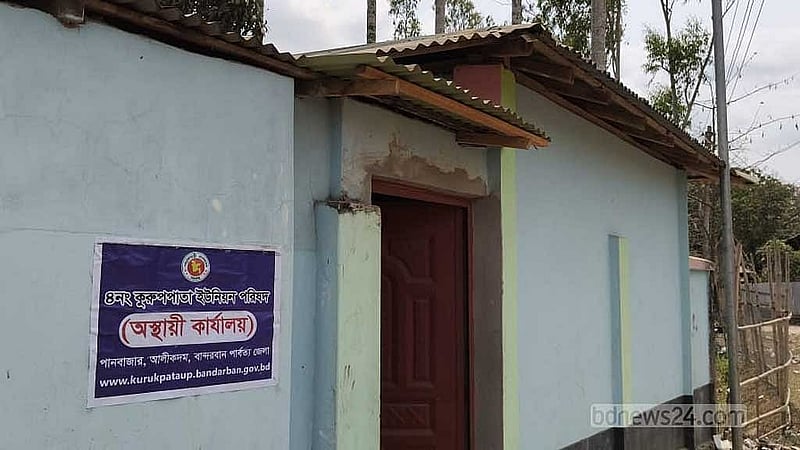 আলীকদম উপজেলা সদরে পানবাজার এলাকায় কুরুকপাতা ইউনিয়ন পরিষদের অস্থায়ী কার্যালয়। ভাড়া নেওয়া ঘরে ডিজিটাল ব্যানার টাঙ্গিয়ে পরিষদের কার্যক্রম চালানো হয়।