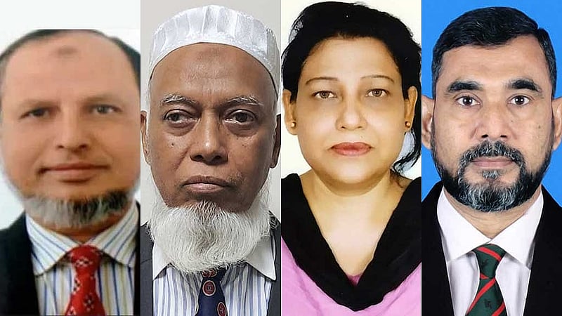 চার নতুন নির্বাচন কমিশনার আনোয়ারুল ইসলাম সরকার, আবদুর রহমানেল মাসুদ, তহমিদা আহমদ এবং আবুল ফজল মো. সানাউল্লাহ।