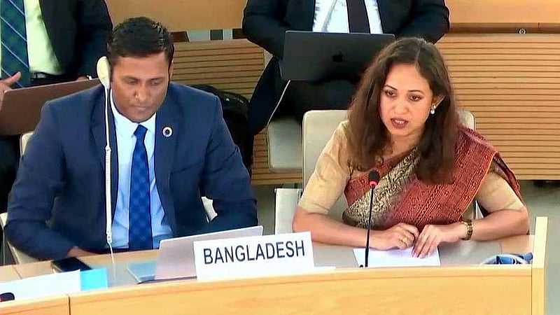 জাতিসংঘ মানবাধিকার পরিষদে বক্তব্য তুলে ধরছেন জেনিভায় বাংলাদেশের ভারপ্রাপ্ত স্থায়ী প্রতিনিধি সঞ্চিতা হক।