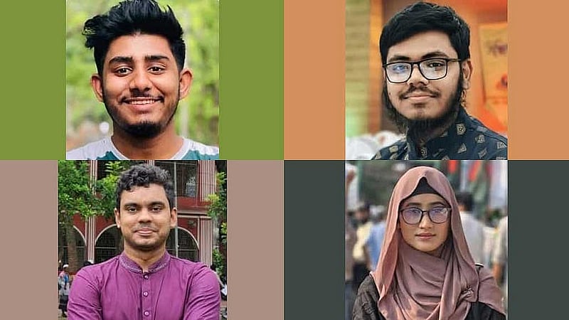 বৈষম্যবিরোধী ছাত্র আন্দোলনের নতুন সভাপতি হয়েছেন রশিদুল ইসলাম, সাধারণ সম্পাদক মো. ইনামুল হাসান; (নিচে) সাংগঠনিক সম্পাদক মুঈনুল ইসলাম ও মুখপাত্র সিনথিয়া জাহীন আয়েশা। 