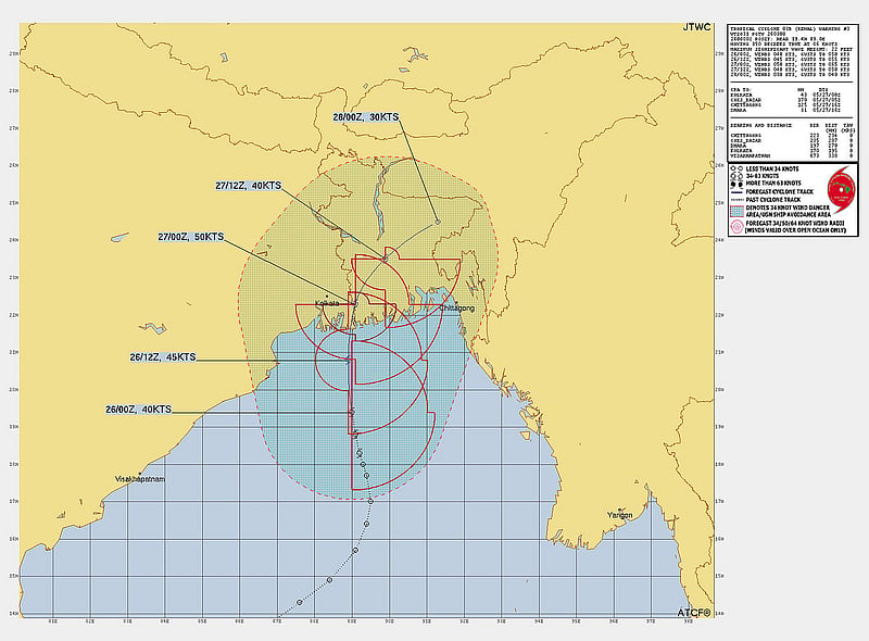 ঘূর্ণিঝড় রেমালের সম্ভাব্য গতিপথ। গ্রাফিক্স: জেটিডব্লিউসি