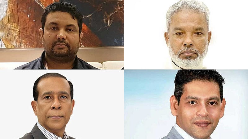 (উপরের বা থেকে) নারায়ণগঞ্জ-২ আসনে বিএনপির প্রার্থী নজরুল ইসলাম আজাদ, নারায়ণগঞ্জ-৩ আসনের মানোনিত প্রার্থী আজহারুল ইসলাম মান্নান; (নিচে বা থেকে নারায়ণগঞ্জ-৫ আসনের প্রার্থী মাসুদুজ্জামান মাসুদ এবং নারায়ণগঞ্জ-১ আসনের প্রার্থী মোস্তাফিজুর রহমান ভূঁইয়া দিপু। ছবি : সংগৃহীত