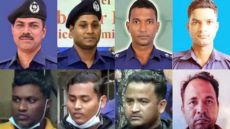 সিনহা হত্যা মালায় দণ্ডিতরা: (উপরে) মৃতৃদণ্ডপ্রাপ্ত প্রদীপ কুমার দাশ, লিয়াকত আলী, যাবজ্জীবনপ্রাপ্ত দুলাল রক্ষিত, রুবেল শর্মা; (নিচে) সাগর দেব, নুরুল আমিন, মোহাম্মদ আয়াজ ও নেজাম উদ্দিন