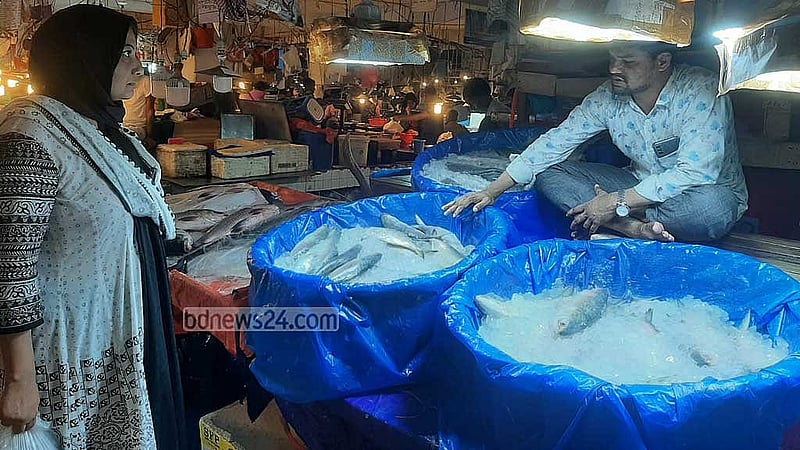 ৭৫০ গ্রাম ওজনের ইলিশের দাম ১৪০০ টাকা শুনে সরকারি কর্মকর্তা সাবিহা আক্তার না কিনেই ফিরে গেলেন।