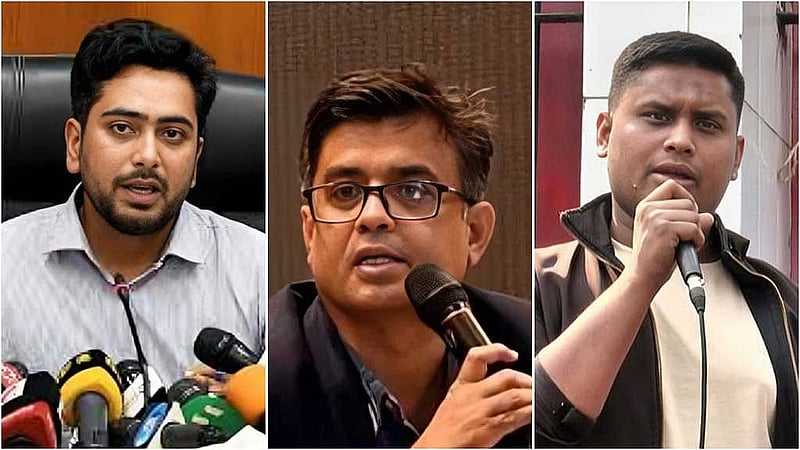 তথ্য ও সম্প্রচার উপদেষ্টা নাহিদ ইসলাম, প্রধান উপদেষ্টার প্রেস সচিব শফিকুল ইসলাম ও বৈষম্যবিরোধী ছাত্র আন্দোলনের আহ্বায়ক হাসনাত আব্দুল্লাহ।