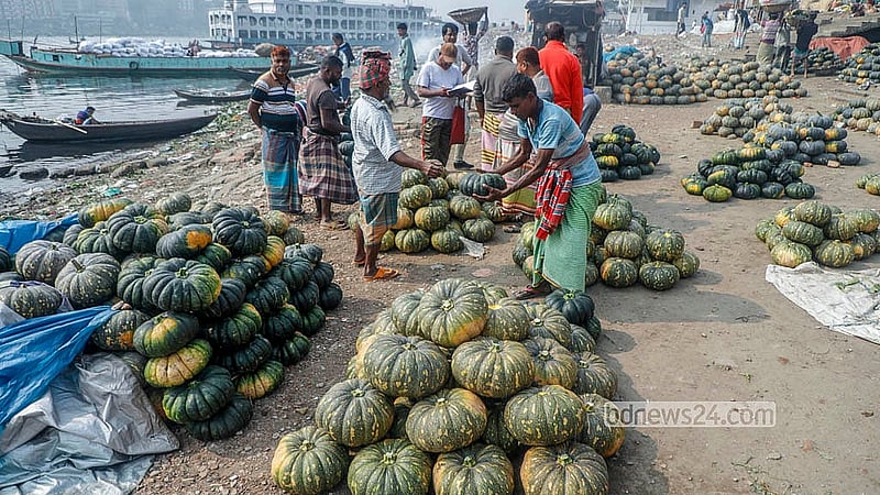 পুরান ঢাকার শ্যামবাজার ঘাটে পাইকারি বিক্রির জন্য সাজিয়ে রাখা হয়েছে মিষ্টি কুমড়া। ছবি: আব্দুল্লাহ আল মমীন