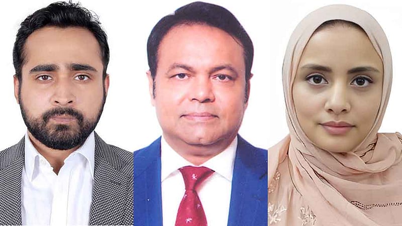 বাঁ থেকে সভাপতি ওমর হাজ্জাজ, জ্যেষ্ঠ সহ সভাপতি তরফদার মো. রুহুল আমিন ও সহ সভাপতি রাইসা মাহবুব। ফাইল ছবি।