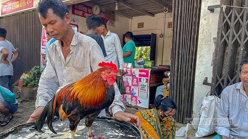 খাগড়াছড়ির মহালছড়ির সাপ্তাহিক হাটে মেলে স্থানীয় জাতের মোরগ। ৪০০ টাকা কেজি দরে বিক্রি হয় সেগুলো। ছবি: সমির মল্লিক