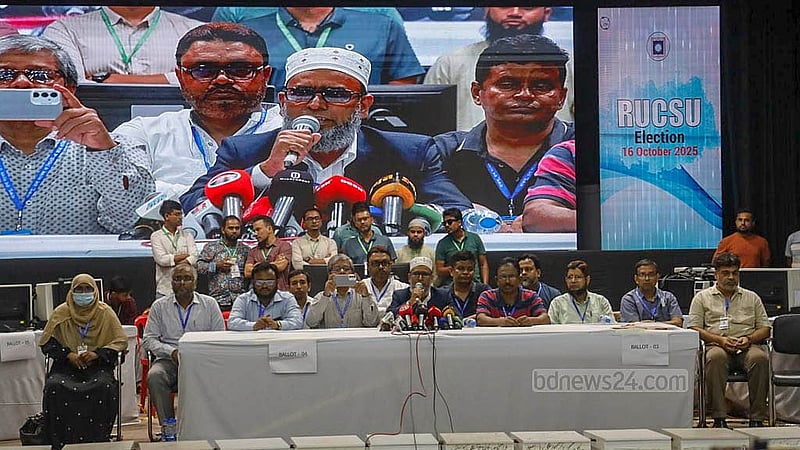 রাকসু নির্বাচনের চূড়ান্ত ফল ঘোষণা করেন প্রধান নির্বাচন কমিশনার অধ্যাপক এফ নজরুল ইসলাম ।  ছবি: মাহমুদ জামান অভি