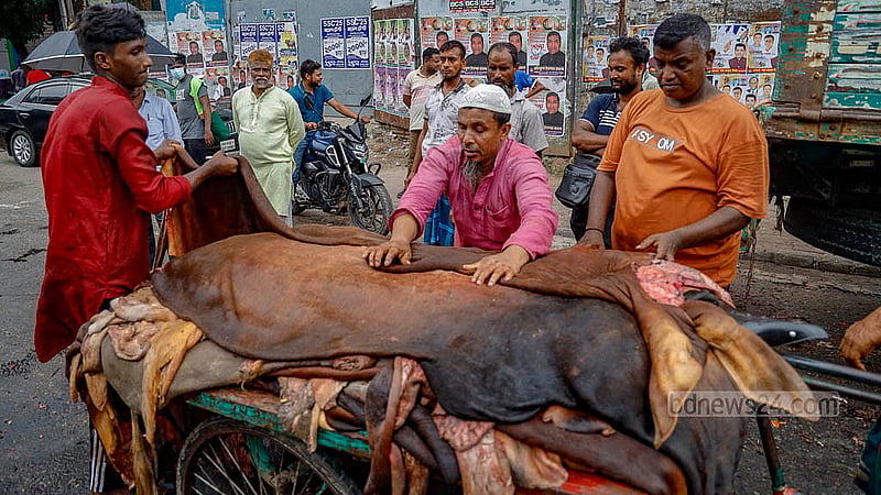 ঈদের দিন ঢাকার ধানমন্ডি, কলাবাগান ও এর আশপাশের এলাকা থেকে সংগ্রহ করা কোরবানির পশুর চামড়া ভ্যানে করে সাইন্সল্যাব মোড়ে নিয়ে আসেন বিভিন্ন মাদ্রাসার প্রতিনিধিরা। ছবি: মাহমুদ জামান অভি