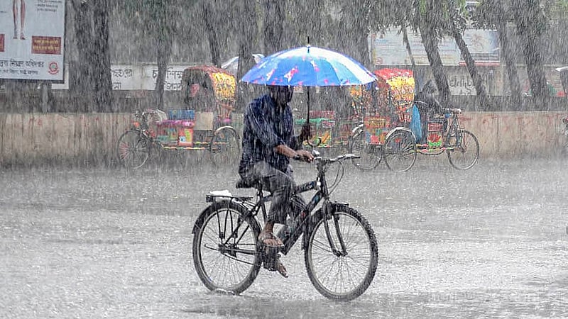 রাজধানীতে সোমবার দুপুরে মুষলধারে বৃষ্টি ঝরলে ভোগান্তিতে পড়ে মানুষ। ঢাকা বিশ্ববিদ্যালয়ে টিএসসি এলাকা থেকে তোলা।