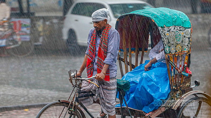 বৃহস্পতিবার বিকেলে ঢাকা বিশ্ববিদ্যালয় এলাকায় ঝুম বৃষ্টির মধ্যে যাত্রী নিযে চলছেন এক রিকশা চালক।