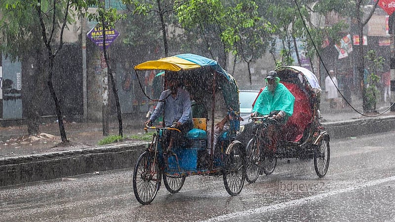 বৃষ্টি থেকে রক্ষায় শরীরে পলিথিন জড়িয়ে রিকশা চালান অনেক চালক। মঙ্গলবার দয়াগঞ্জ সড়ক থেকে তোলা। ছবি: আব্দুল্লাহ আল মমীন