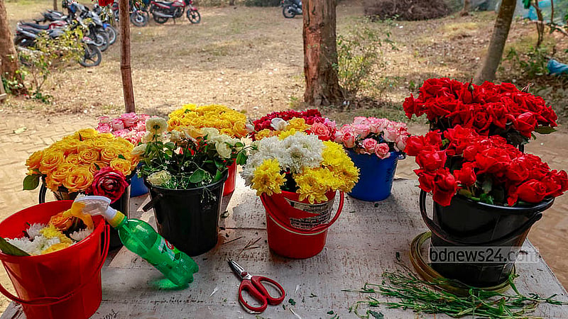 গোলাপগ্রামে ঘুরতে আসা পর্যটকদের জন্য জায়গায় জায়গায় ফুল নিয়ে বসে থাকেন স্থানীয়রা। তারা একটি ফুলের দাম রাখেন ১০ থেকে শুরু করে ৩০ টাকা। ছবি: মাহমুদ জামান অভি