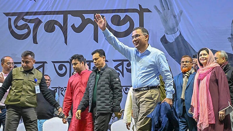 ভাষানটেকে শুক্রবার সন্ধ্যায় নির্বাচনি জনসভা করেন ঢাকা-১৭ আসনে ধানের শীষের প্রার্থী বিএনপির চেয়ারম্যান তারেক রহমান। ছবি: বিএনপির মিডিয়া সেল