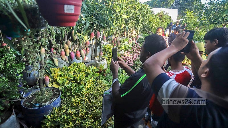 জাতীয় বৃক্ষমেলায় বেড়াতে আসা অনেকেই মোবাইল ফোনে গাছের ছবি তুলছেন। ছবি: আব্দুল্লাহ আল মমীন