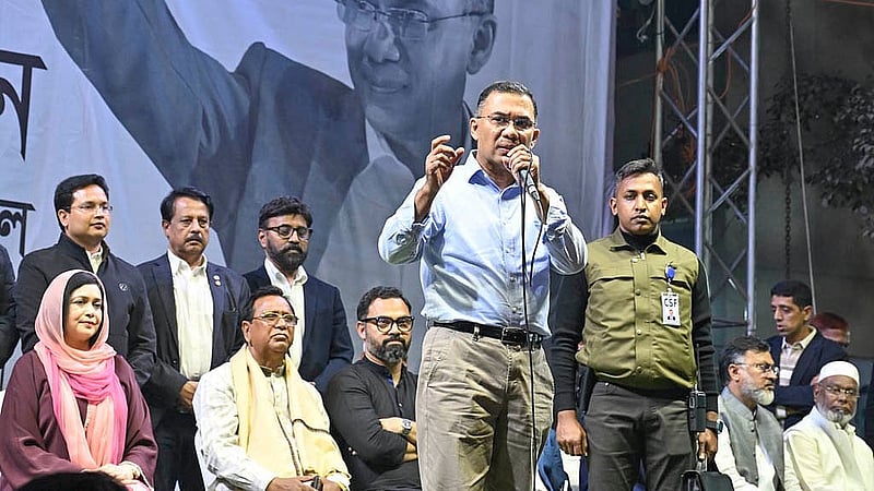 ভাষানটেকের বিআরবি মাঠে শুক্রবার নির্বাচনি জনসভায় বক্তব্য দেন ঢাকা-১৭ আসনে ধানের শীষের প্রার্থী বিএনপি চেয়ারম্যান তারেক রহমান। ছবি: বিএনপির মিডিয়া সেল