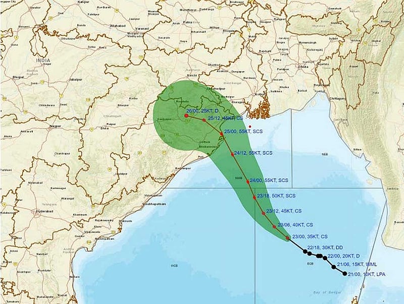 ঘূর্ণিঝড় দানার সম্ভাব্য গতিপথ। গ্রাফিক্স: ভারতের আবহাওয়া দপ্তর।  