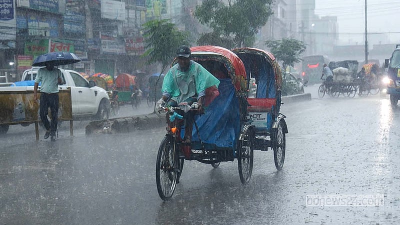 রাজধানীতে একনাগাড়ে বৃষ্টি ঝরেছে বুধবার। বৃষ্টির মধ্যেই রিকশা নিয়ে বের হয়েছেন চালকরা। বাড্ডা এলাকা থেকে তোলা