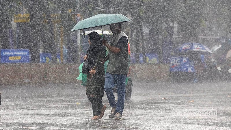 মুষলধারে বৃষ্টিতে ছাতা মাথায় গন্তব্যে ছুটছেন নগরবাসী। ঢাকা বিশ্ববিদ্যালয় এলাকা থেকে তোলা