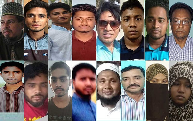 নুসরাত হত্যা মামলার ১৬ আসামি: (ঘড়ির কাঁটার দিকে) অধ্যক্ষ সিরাজ-উদ-দৌলা, নূর উদ্দিন, জোবায়ের, সাখাওয়াত হোসেন জাবেদ, আবছার উদ্দিন, আব্দুর রহিম শরীফ, ইফতেখার উদ্দিন রানা, রুহুল আমীন, উম্মে সুলতানা ওরফে পপি ওরফে তুহিন ওরফে শম্পা ওরফে চম্পা, কামরুন নাহার মনি, মাকসুদ আলম, হাফেজ আব্দুল কাদের, . ইমরান হোসেন, মহিউদ্দিন শাকিল, মোহাম্মদ শামীম ও শাহাদাত হোসেন শামীম ঘড়ির কাঁটার দিকে: অধ্যক্ষ সিরাজ-উদ-দৌলা, নূর উদ্দিন, জোবায়ের, সাখাওয়াত হোসেন জাবেদ, আবছার উদ্দিন, আব্দুর রহিম শরীফ, ইফতেখার উদ্দিন রানা, রুহুল আমীন, উম্মে সুলতানা ওরফে পপি ওরফে তুহিন ওরফে শম্পা ওরফে চম্পা, কামরুন নাহার মনি, মাকসুদ আলম, হাফেজ আব্দুল কাদের, . ইমরান হোসেন, মহিউদ্দিন শাকিল, মোহাম্মদ শামীম ও শাহাদাত হোসেন শামীম