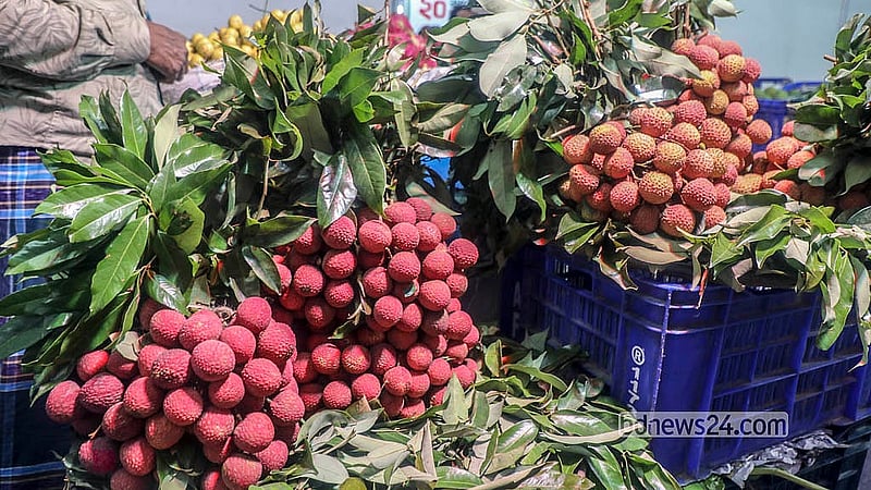 ঢাকার খামারবাড়িতে তিন দিনের ফল মেলার একটি স্টলে সাজিয়ে রাখা হয়েছে লিচু