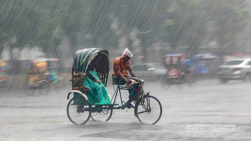 বৃষ্টিতে ভিজে যাত্রী নিয়ে ছুটছেন এক রিকশাচালক। ঢাকা বিশ্ববিদ্যালয় এলাকা থেকে তোলা