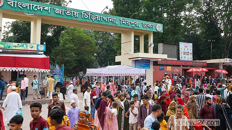 বিভিন্ন জীবজন্তুর খাঁচার সামনে দর্শনার্থীরা। ঈদের তৃতীয় দিন শনিবারও মিরপুর জাতীয় চিড়িয়াখানায় ঘুরতে আসেন হাজারো দর্শনার্থী।