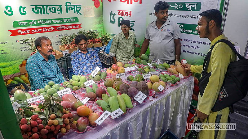 ঢাকার খামারবাড়িতে জাতীয় ফল মেলায় নানা রকম ফল নিয়ে হাজির হয়েছেন চাষি ও খামারিরা