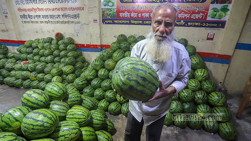 তরমুজ হাতে এক ব্যবসায়ী। সময়ের আগেই তরমুজ বাজারে এলেও দাম রয়েছে নাগালের মধ্যে। তাই চাহিদাও বেশ জানালেন এই ব্যবসায়ী