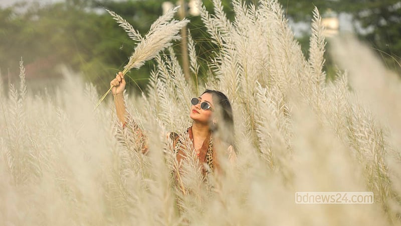 &amp;nbsp;ঢাকার দক্ষিণ কেরাণীগঞ্জের সারিঘাটের কাশবনে বেড়াতে এসে ছবি তুলছেন দর্শনার্থীরা। ছবি: শামছুল হক রিপন