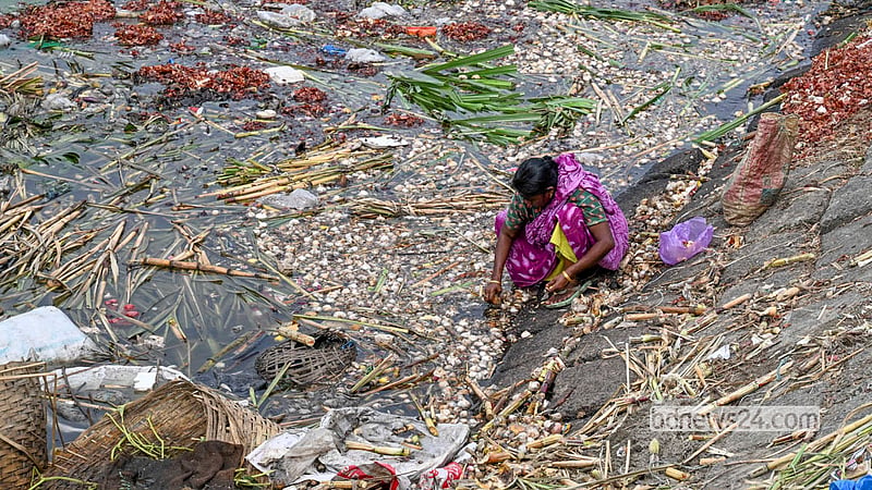 পুরান ঢাকার শ্যামবাজার লাগোয়া বুড়িগঙ্গার তীরে ভাসছে ব্যবসায়ীদের ফেলে দেওয়া পচা রসুন। সেই ভাসমান উচ্ছিষ্ট থেকেই ব্যবহারযোগ্য রসুন সংগ্রহ করছেন এক নারী। ছবি: মোস্তাফিজুর রহমান
