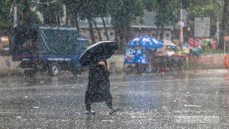 বৃষ্টির মধ্যে ছাতা মাথায় গন্তব্যে ছোটেন নগরবাসী। শুক্রবার দুপুরে ঢাকা বিশ্ববিদ্যালয় এলাকা থেকে তোলা।&amp;nbsp; ছবি: আব্দুল্লাহ আল মমীন