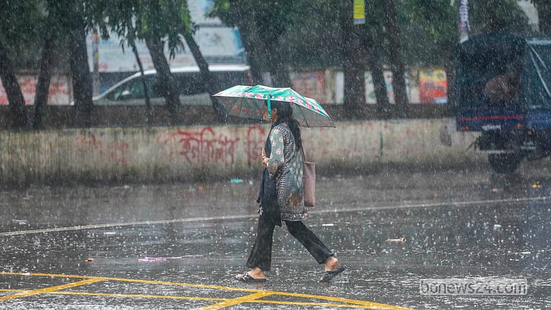 বৃষ্টির মধ্যে ছাতা মাথায় গন্তব্যে ছোটেন নগরবাসী। শুক্রবার দুপুরে ঢাকা বিশ্ববিদ্যালয় এলাকা থেকে তোলা।&amp;nbsp; ছবি: আব্দুল্লাহ আল মমীন