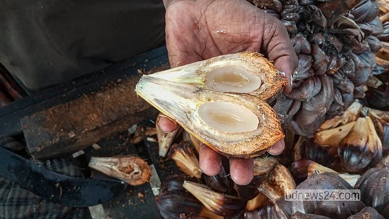 তালশাঁসের মতো দেখতে সুন্দরবন এলাকার গোলপাতার প্রতিটি ফল ঢাকার জুরাইনে বিক্রি হচ্ছে ১০ টাকা দরে।&amp;nbsp; ছবি: আব্দুল্লাহ আল মমীন