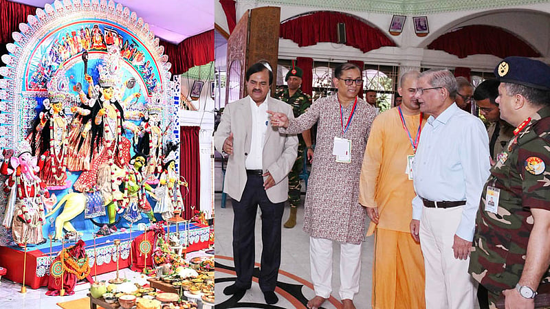 দুর্গাপূজা উপলক্ষে রোববার রামকৃষ্ণ মিশনের মণ্ডপ ঘুরে দেখেন রাষ্ট্রপতি মির্জা ফখরুল ইসলাম আলমগীর।&amp;nbsp;&amp;nbsp; ছবি: পিআইডি