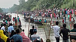 শুকনো ইছামতীতেই দুর্গাপূজা শেষে ঐতিহ্যবাহী নৌকা বাইচ