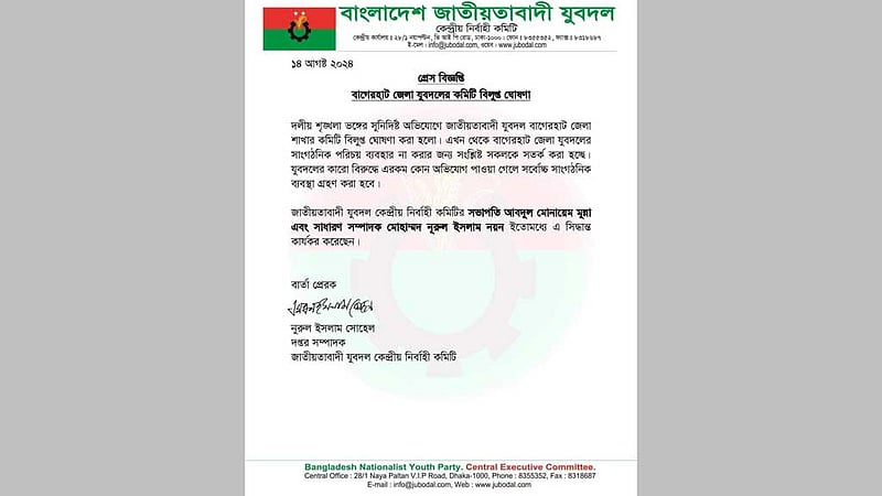 শৃঙ্খলা ভঙ্গের দায়ে বাগেরহাট জেলা যুবদলের কমিটি বিলুপ্ত