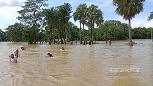 গোমতীর ভাঙা বাঁধে এখনো তীব্র স্রোত, পানি কমছে ধীরে