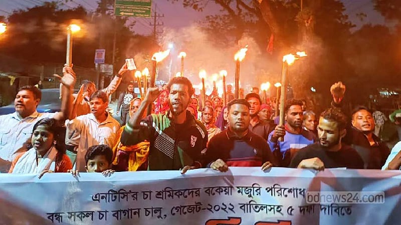 ১২ সপ্তাহের মজুরির দাবিতে চা শ্রমিকদের মশাল মিছিল