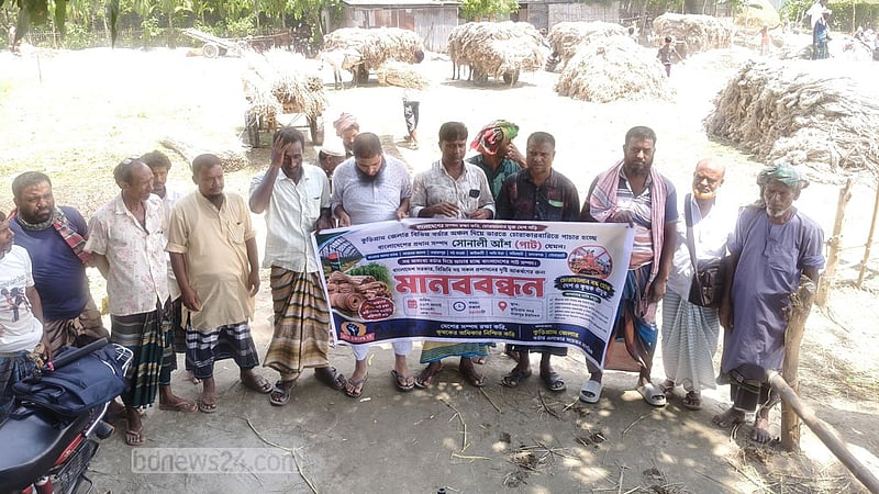 পাটের ন্যায্য দাম নিশ্চিত ও ভারতে পাচার বন্ধের দাবিতে কুড়িগ্রামে মানববন্ধন