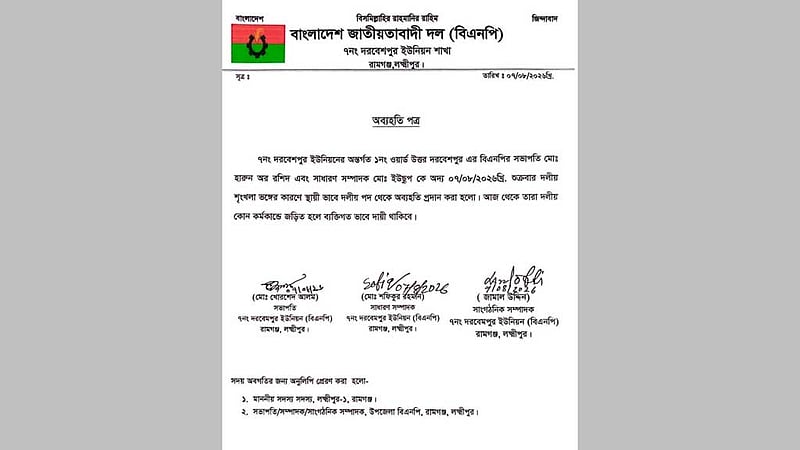 লক্ষ্মীপুরে ভাতার কথা বলে টাকা নেওয়ার অভিযোগ, বিএনপির দুই নেতাকে অব্যাহতি